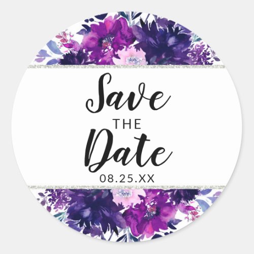 Enchanted Floral Violet and Silver Save the Date Classic Round Sticker