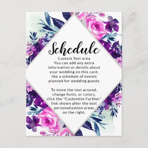 Enchanted Floral Violet Diamond Wedding Schedule Enclosure Card