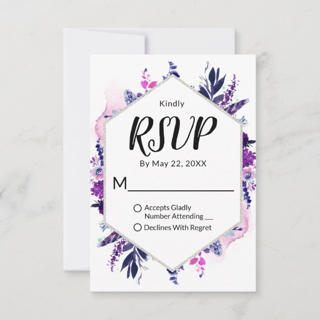 Enchanted Floral Violet Hexagon Framed Wedding RSVP Card (Front)