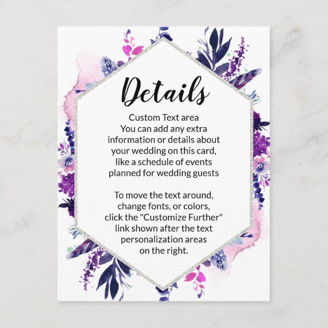 Enchanted Floral Violet Hexagon Wedding Details Enclosure Card (Front)