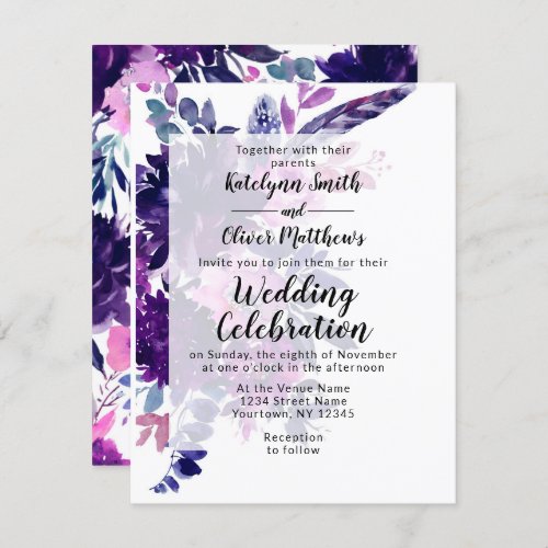 Enchanted Floral Violet Purple Feathers Wedding Invitation