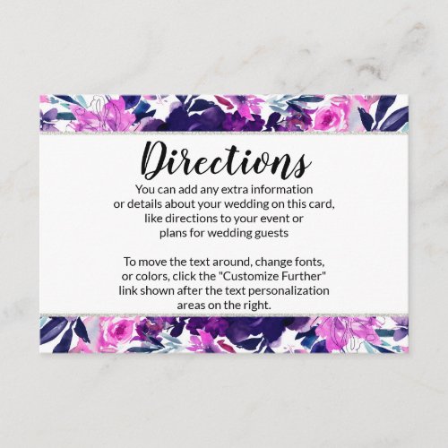 Enchanted Floral Violet Silver Wedding Directions Enclosure Card