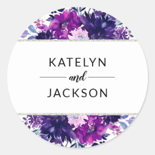 Enchanted Floral Violet Silver Wedding Monogram Classic Round Sticker