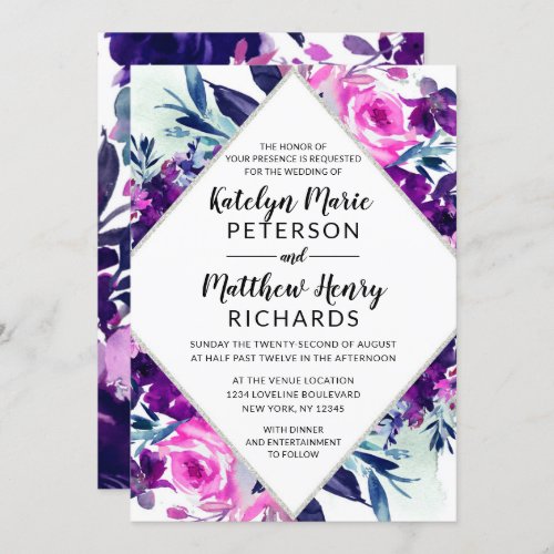 Enchanted Floral Violet Watercolor Diamond Wedding Invitation