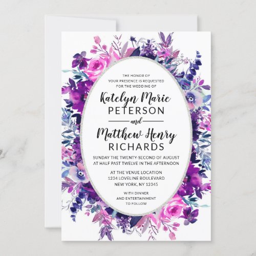 Enchanted Floral Violet Watercolor Oval Wedding Invitation