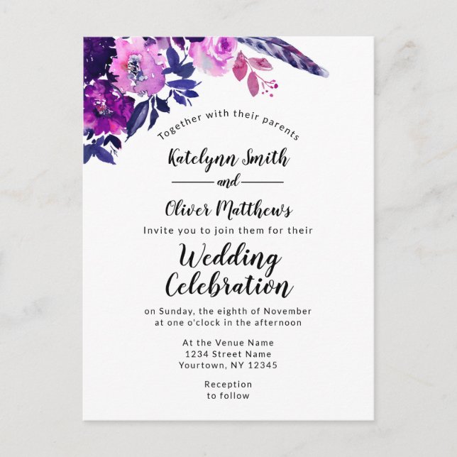 Enchanted Floral Violet Watercolor Trendy Wedding Invitation Postcard (Front)
