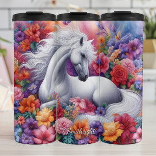 Enchanted Floral White Horse Dream Thermal Tumbler