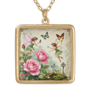 Enchanted Flroral Fairies Garden Gold Plated Necklace