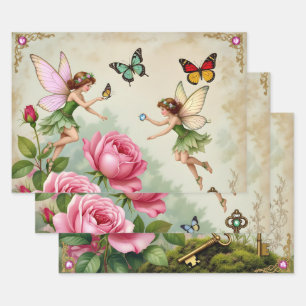 Enchanted Flroral Fairies Garden Wrapping Paper Sheets