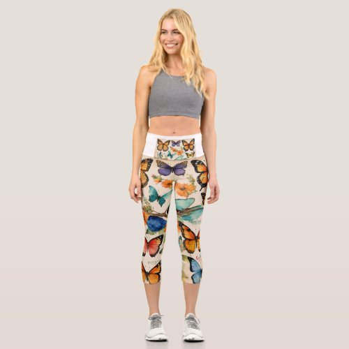 Enchanted Flutter Whimsical Watercolor Butterfly Capri Leggings