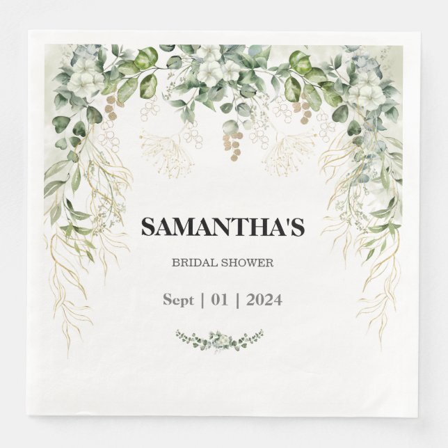 Enchanted Foliage Gold & Green Bridal Shower Paper Dinner Napkins (Front)