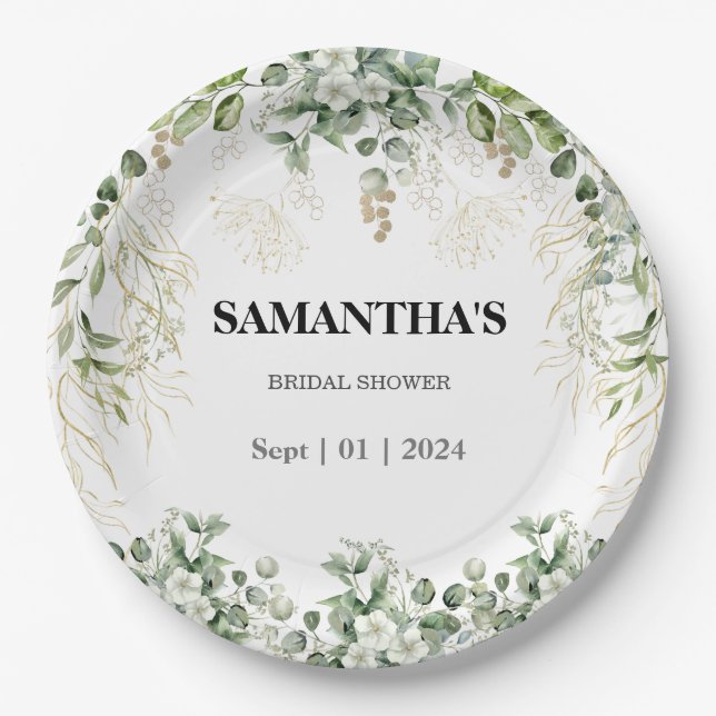 Enchanted Foliage Gold & Green Bridal Shower Paper Plates (Front)