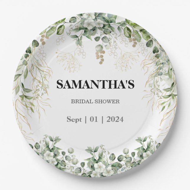 Enchanted Foliage Gold & Green Bridal Shower Paper Plates (Front)