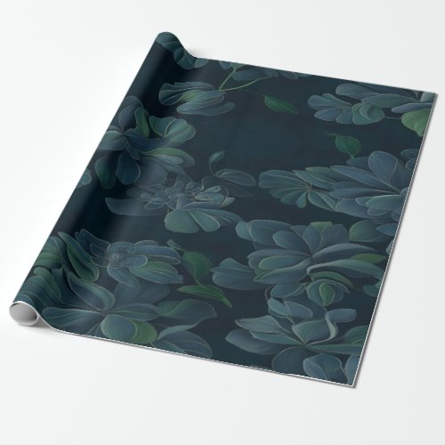  Enchanted Foliage Green Leaves on Dark Blue 4 Wrapping Paper