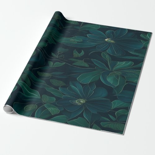 Enchanted Foliage Green Leaves on Dark Blue Wrapping Paper