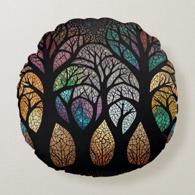 Enchanted Forest: A Stained Glass Masterpiece Round Pillow (Front)