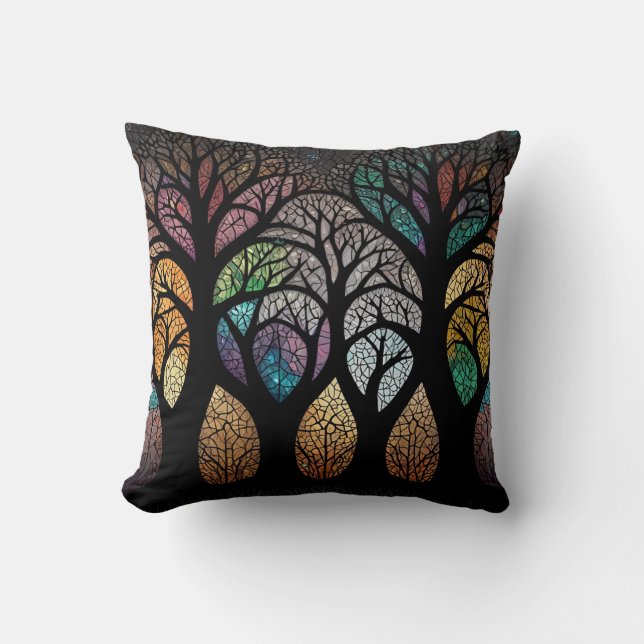 Enchanted Forest: A Stained Glass Masterpiece Throw Pillow (Front)