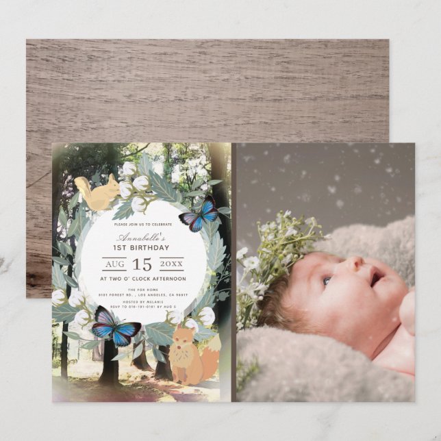 Enchanted Forest Animals Photo 1st Birthday Invitation (Front/Back)