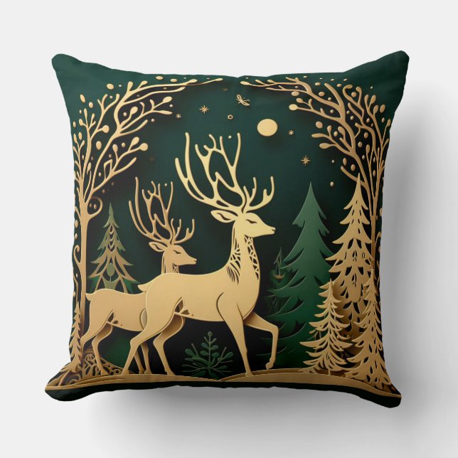 Enchanted Forest Arch – Golden Reindeer Throw Pillow (Front)