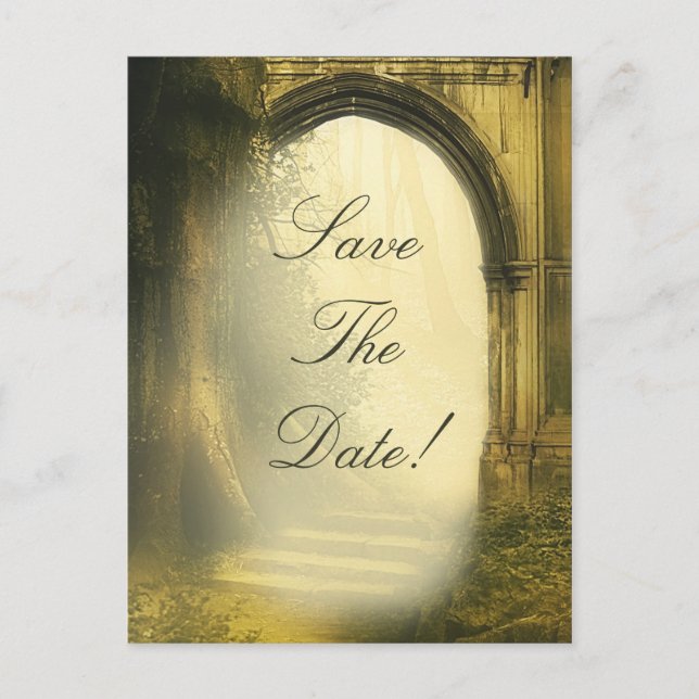 Enchanted Forest Arch Wedding Save The Date Announcement Postcard (Front)