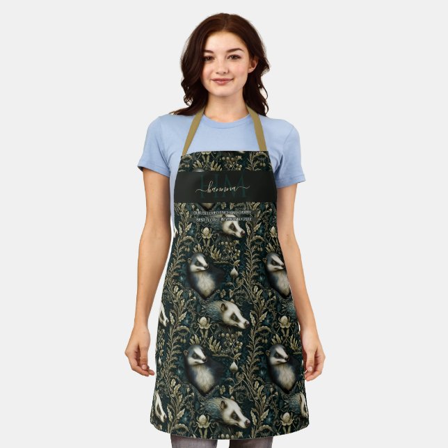 Enchanted forest badger dark theme custom Monogram Apron (Worn)