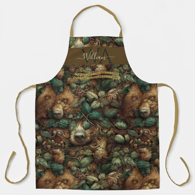 Enchanted forest bear green brown custom Monogram Apron (Front)