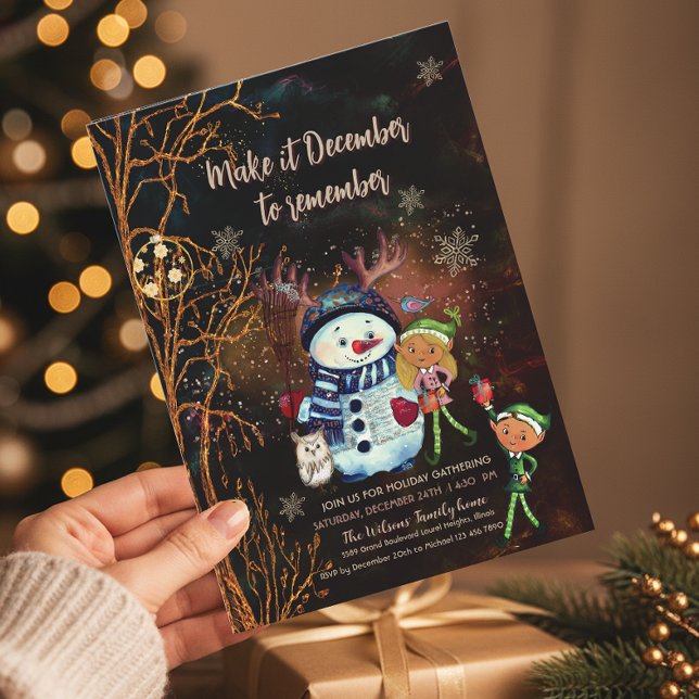 Enchanted Forest Black Gold Snowman Elves  Invitation (Enchanted Forest Black Gold Snowman Elves Invitation)