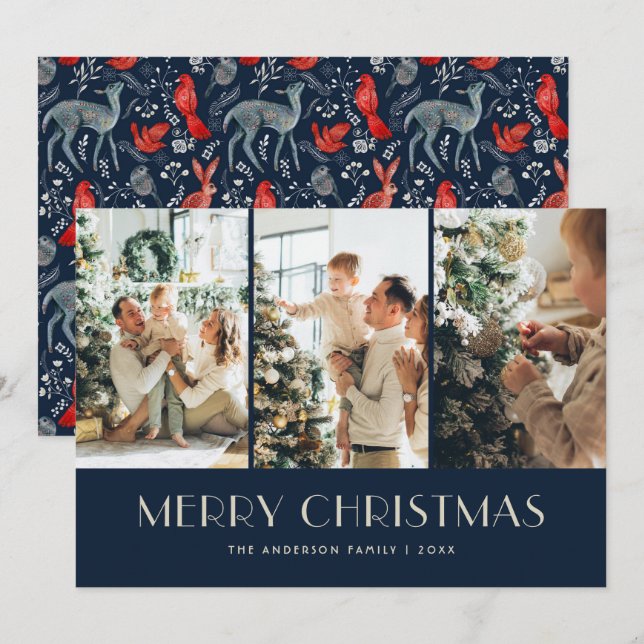 Enchanted Forest Blue Red Nordic Photo Collage Holiday Card (Front/Back)
