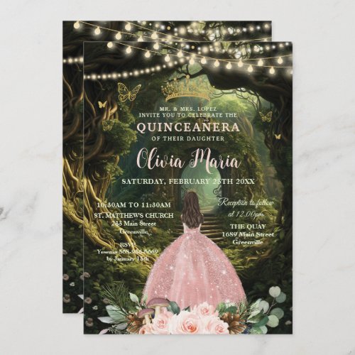 Enchanted Forest Blush Floral Quinceaera Sweet 16 Invitation