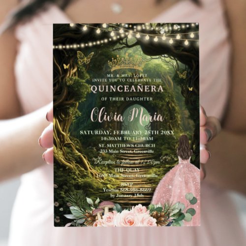 Enchanted Forest Blush Floral Quinceaera Sweet 16 Invitation