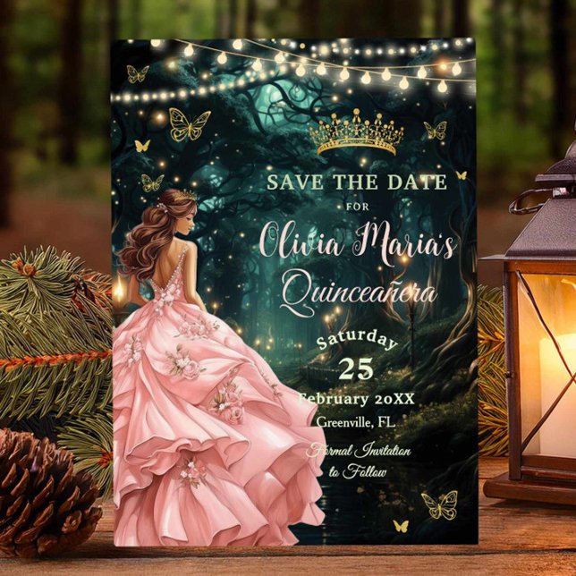 Enchanted Forest Blush Pink Dress Quinceañera Save The Date (Creator Uploaded)