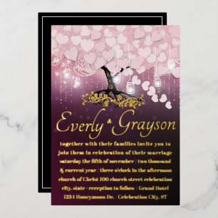 Enchanted Forest Blush Pink Heart Leaf Tree Gold Foil Invitation