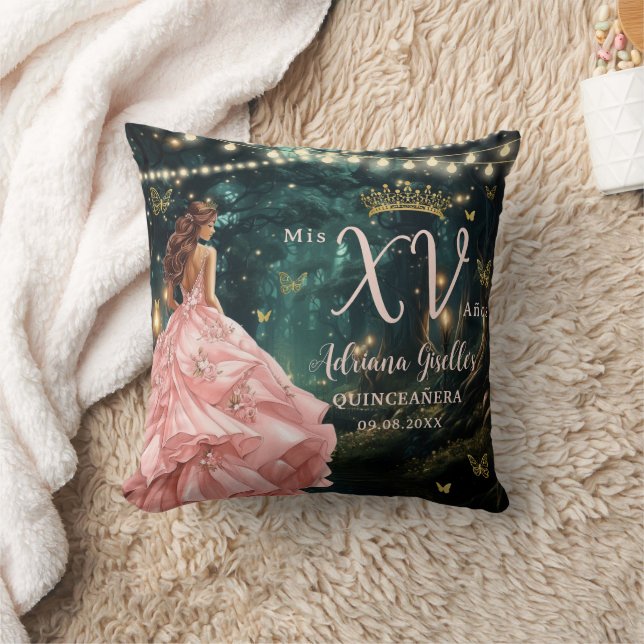 Enchanted Forest Blush Pink Quinceañera Sweet 16 Throw Pillow (Blanket)