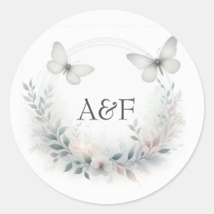 Enchanted Forest Butterfly Monogram Wedding Classic Round Sticker