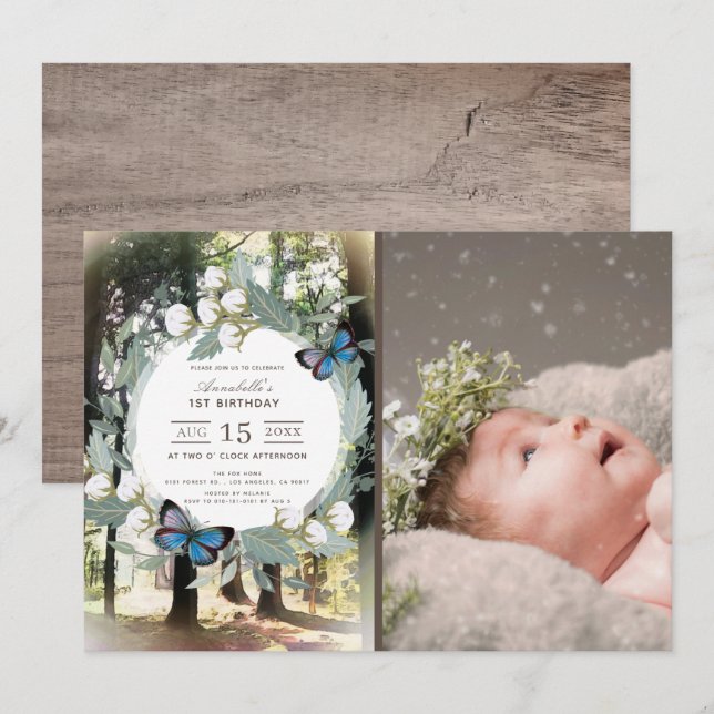 Enchanted Forest Butterfly Photo 1st Birthday Invitation (Front/Back)