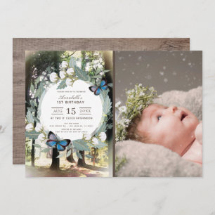 Enchanted Forest Butterfly Photo 1st Birthday Invitation