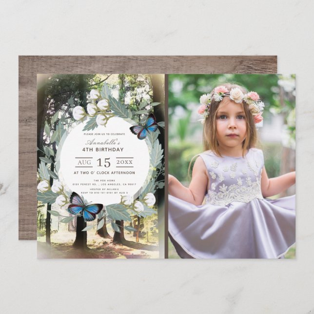 Enchanted Forest Butterfly Photo Girl Birthday Invitation (Front/Back)