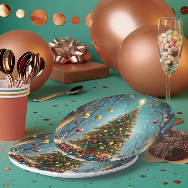 Enchanted Forest Christmas: Tree with Baubles Paper Plates (Multi)