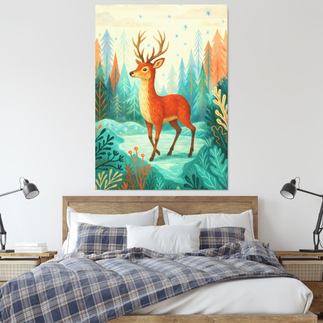 Enchanted Forest Deer – Whimsical Winter Woodland  Canvas Print (Insitu(Bedroom))