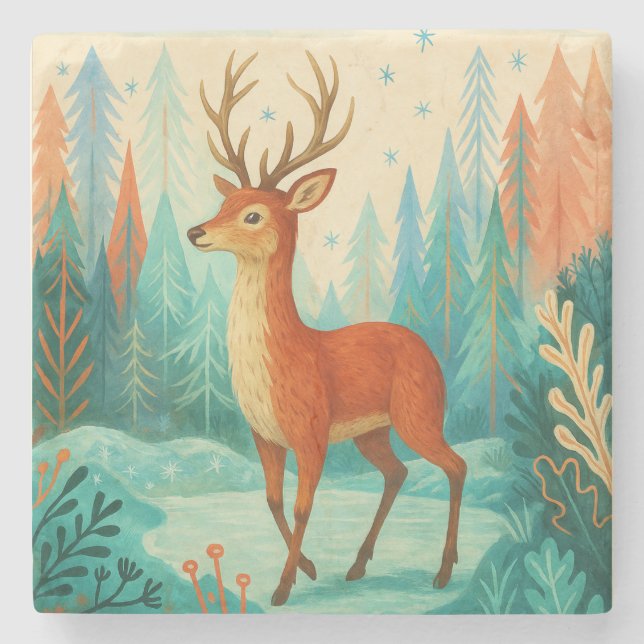 Enchanted Forest Deer – Whimsical Winter Woodland  Stone Coaster (Front)