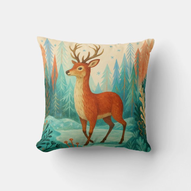 Enchanted Forest Deer – Whimsical Winter Woodland  Throw Pillow (Front)