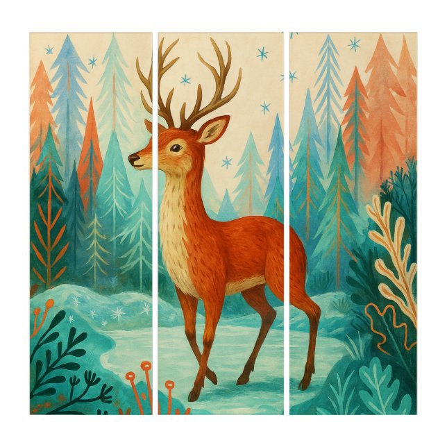 Enchanted Forest Deer – Whimsical Winter Woodland  Triptych (Front)