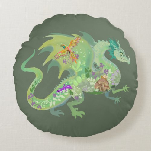 Enchanted Forest Dragon Pattern Round Pillow