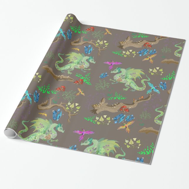 Enchanted Forest Dragon Pattern Wrapping Paper (Unrolled)