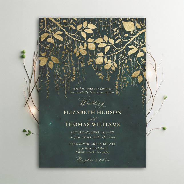 Enchanted Forest Draped Foliage Gold Green Wedding Invitation (Enchanted Forest Emerald Green Draped Greenery Modern Calligraphy Wedding Invitation)
