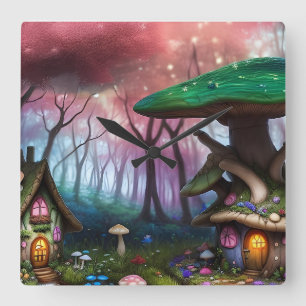Enchanted Forest Dreamscape Mushroom Fantasy Fairy Square Wall Clock