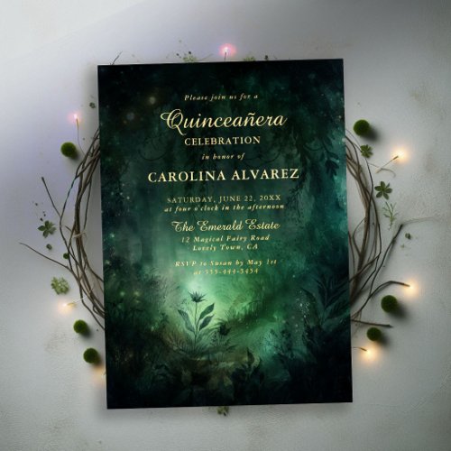 Enchanted Forest Emerald Gold Elegant Quinceanera Foil Invitation