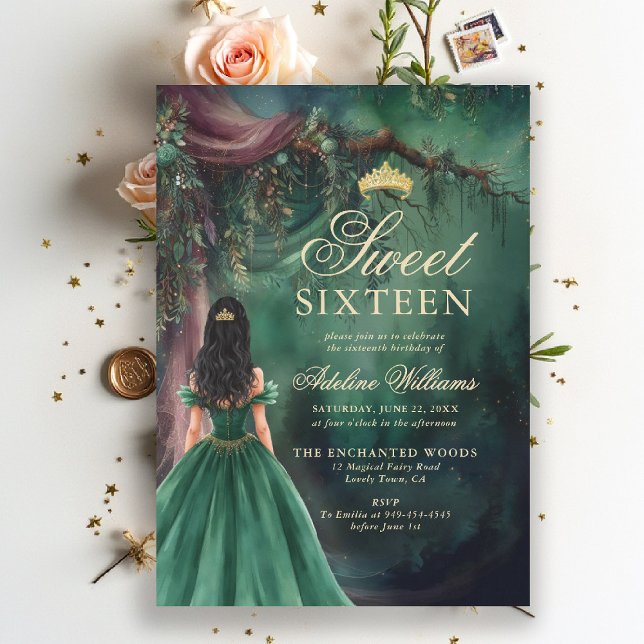Enchanted Forest Emerald Gold Fairy Tale Sweet 16 Invitation (enchanted forest sweet 16 sixteen invitation emerald green gold fairytale fairy tale princess script)