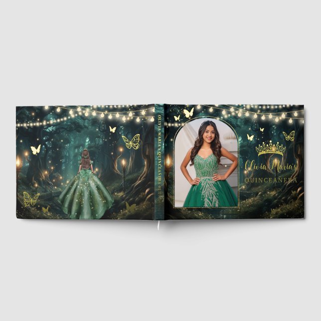 Enchanted Forest Emerald Gold Quinceañera Photo Foil Guest Book (Full)