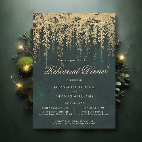 Enchanted Forest Emerald Gold Rehearsal Dinner Invitation